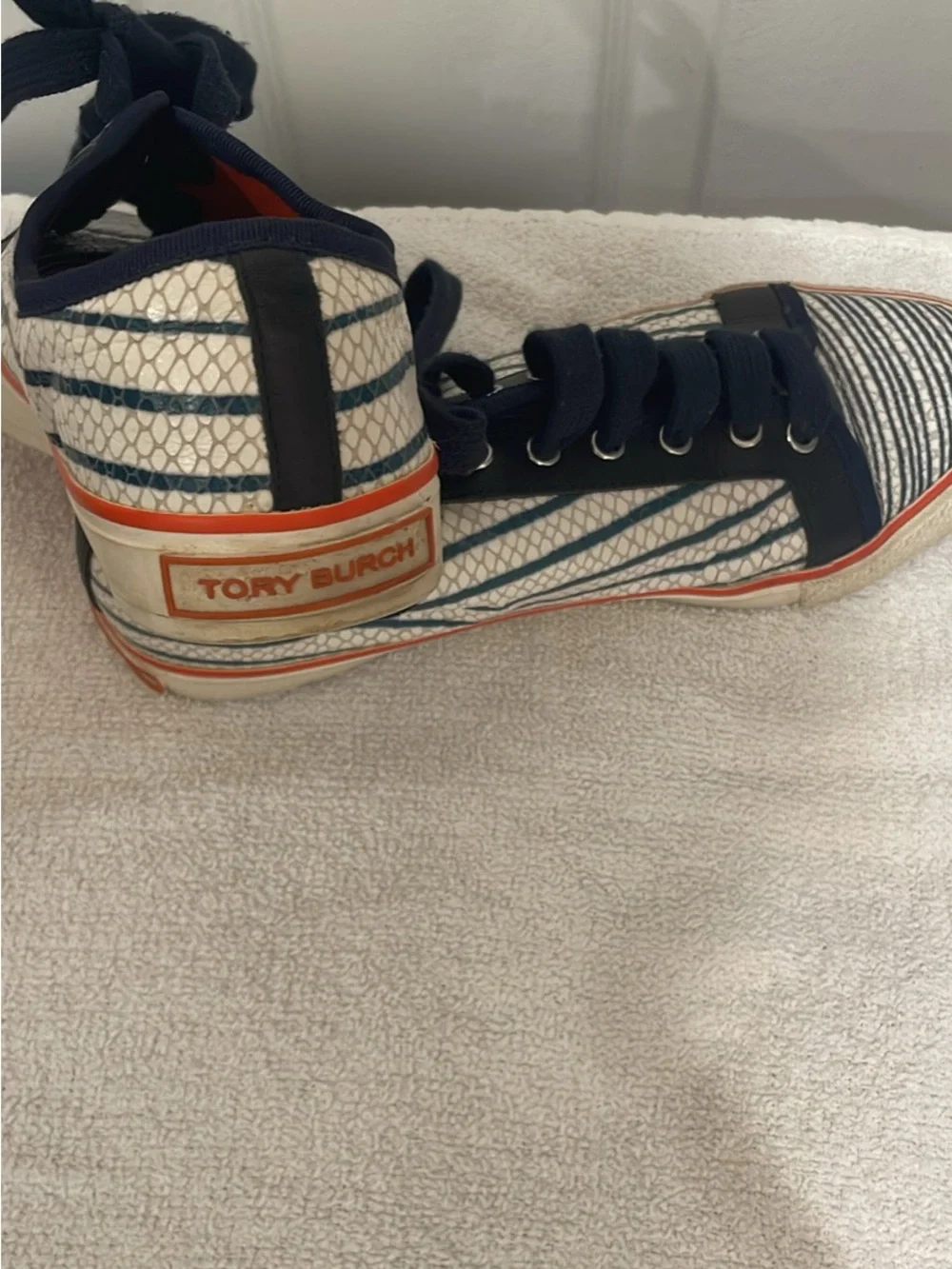 Tory Burch Navy, White and Orange Striped Low-Top Sneakers